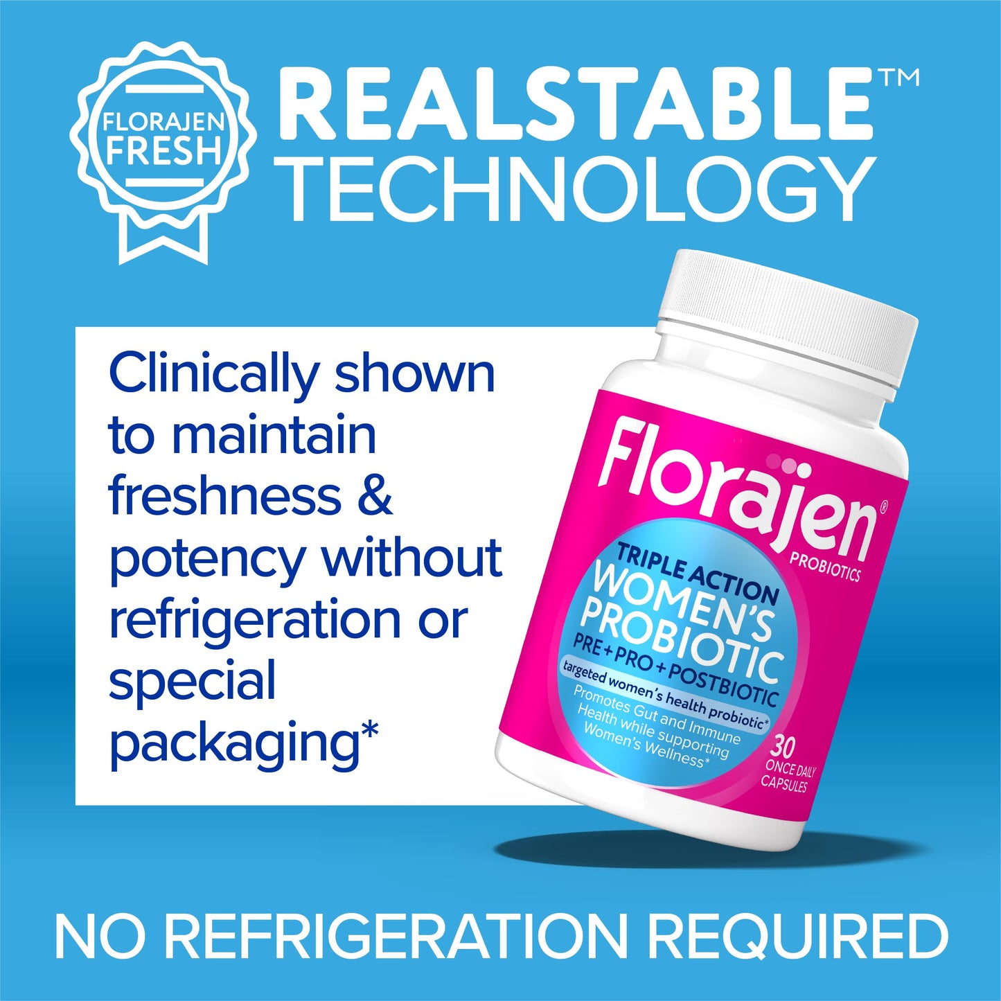 Florajen probiotic packaging illustrating stomach acid survival and immune defense support