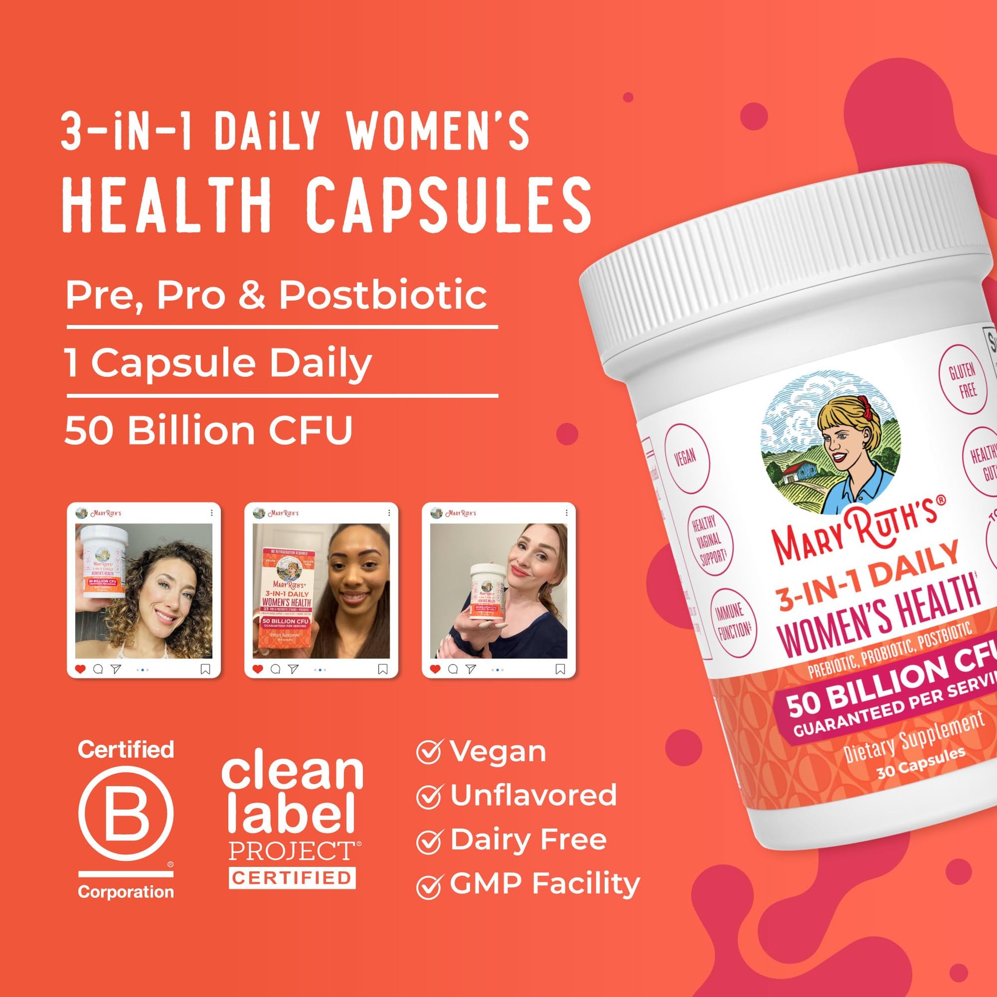 MaryRuth's non-GMO dairy-free shelf-stable daily women's probiotic capsules