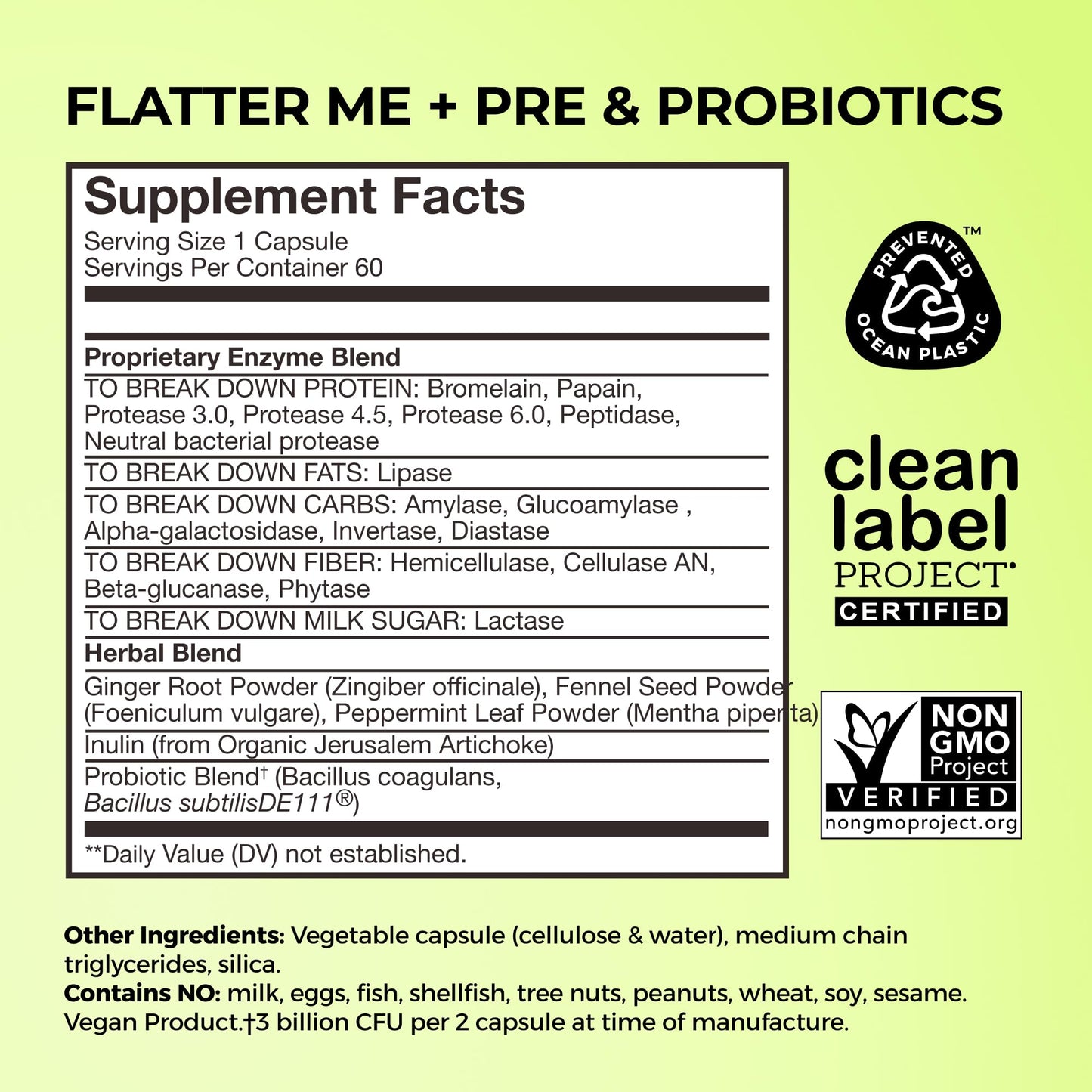 HUM Nutrition Flatter Me sixty vegan capsules container with premium black packaging for digestive care