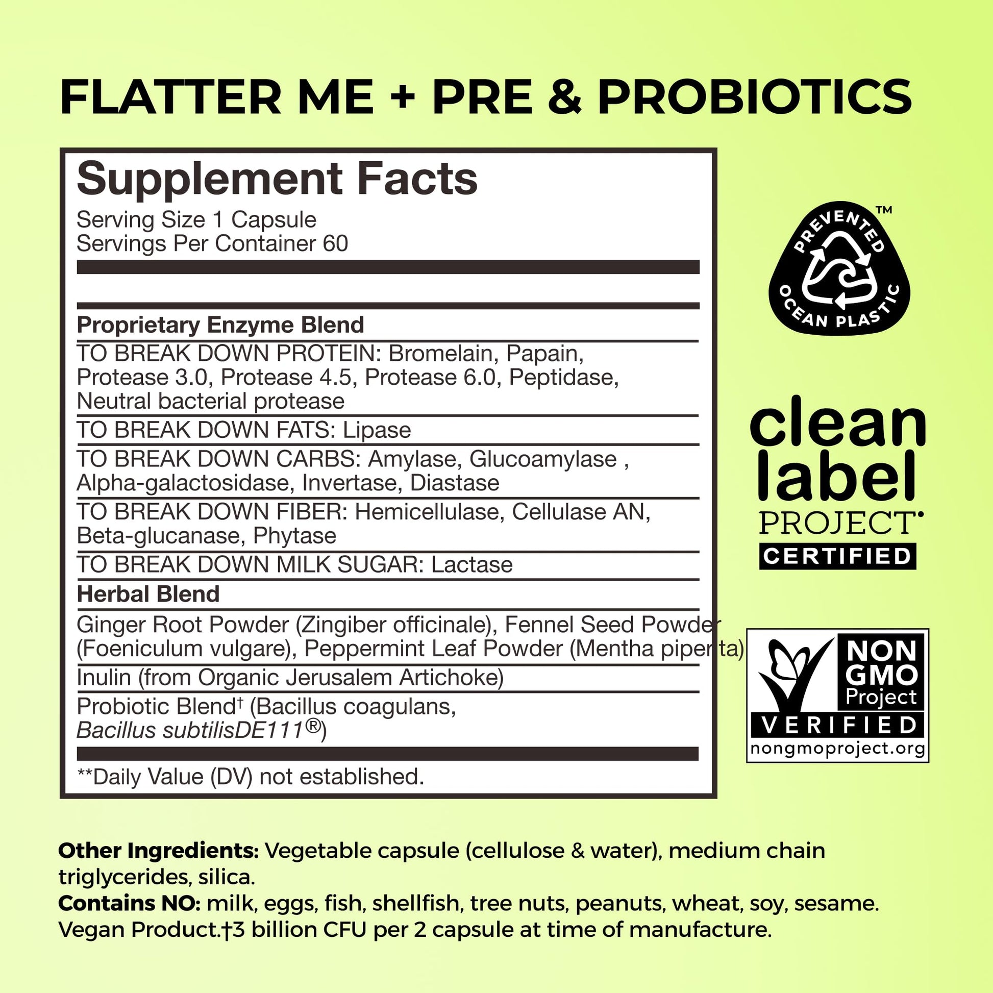 HUM Nutrition Flatter Me sixty vegan capsules container with premium black packaging for digestive care
