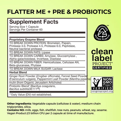 HUM Nutrition Flatter Me sixty vegan capsules container with premium black packaging for digestive care