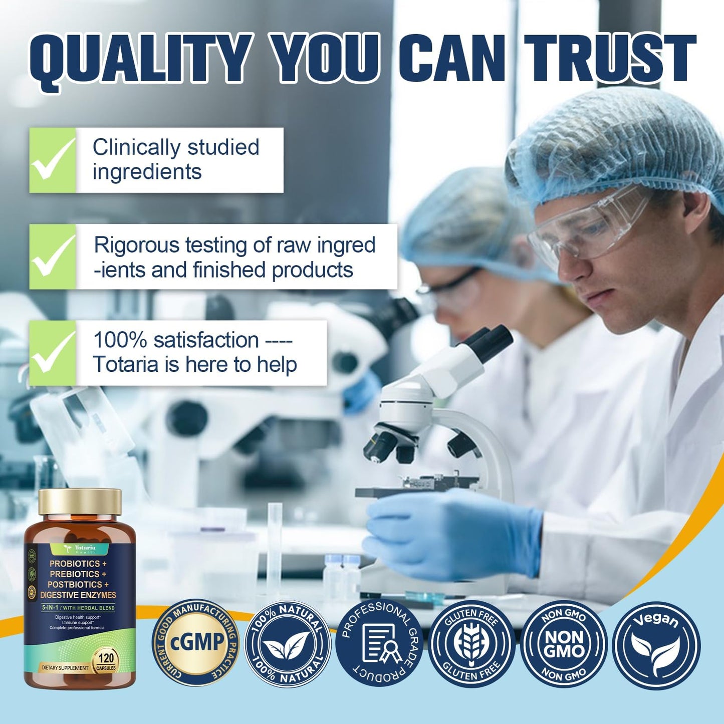 Supplement facts label on Totaria 5-in-1 premium imported vegan capsules