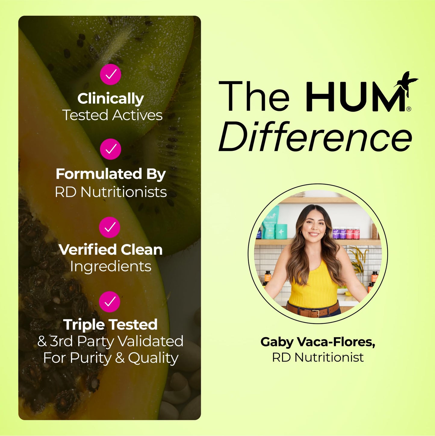 USA imported HUM Nutrition Flatter Me bottle demonstrating the dual action debloat and gut regularity formula