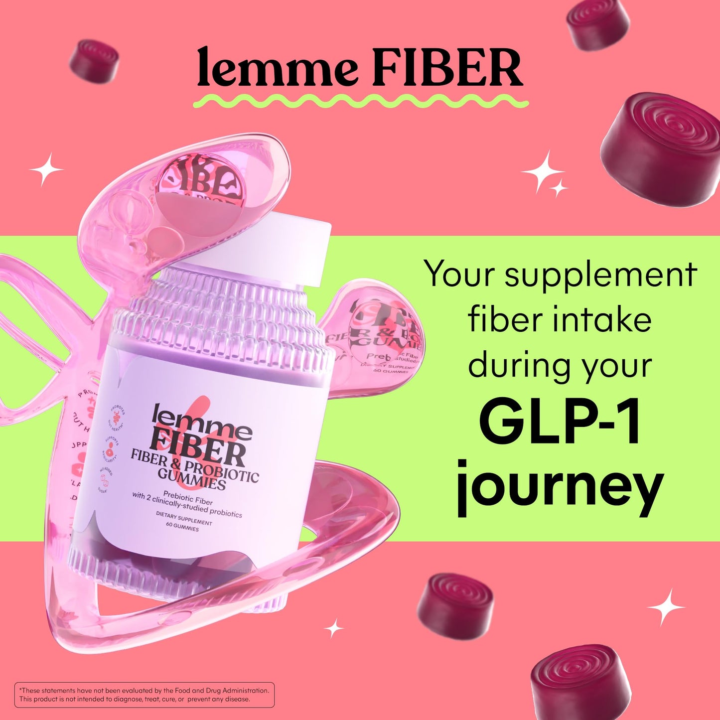 Premium vegan and gluten free prebiotic fiber supplement gummies in strawberry flavor close up