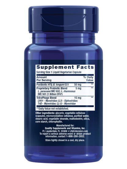 Life Extension Florassist GI liquid vegetarian capsules container showing premium supplement facts.