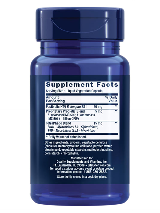 Life Extension Florassist GI liquid vegetarian capsules container showing premium supplement facts.