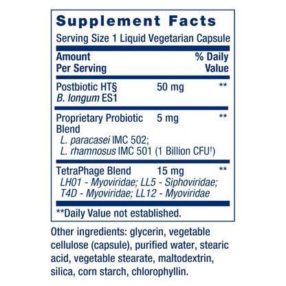 USA imported Life Extension advanced gut health probiotic with phage blend technology packaging.