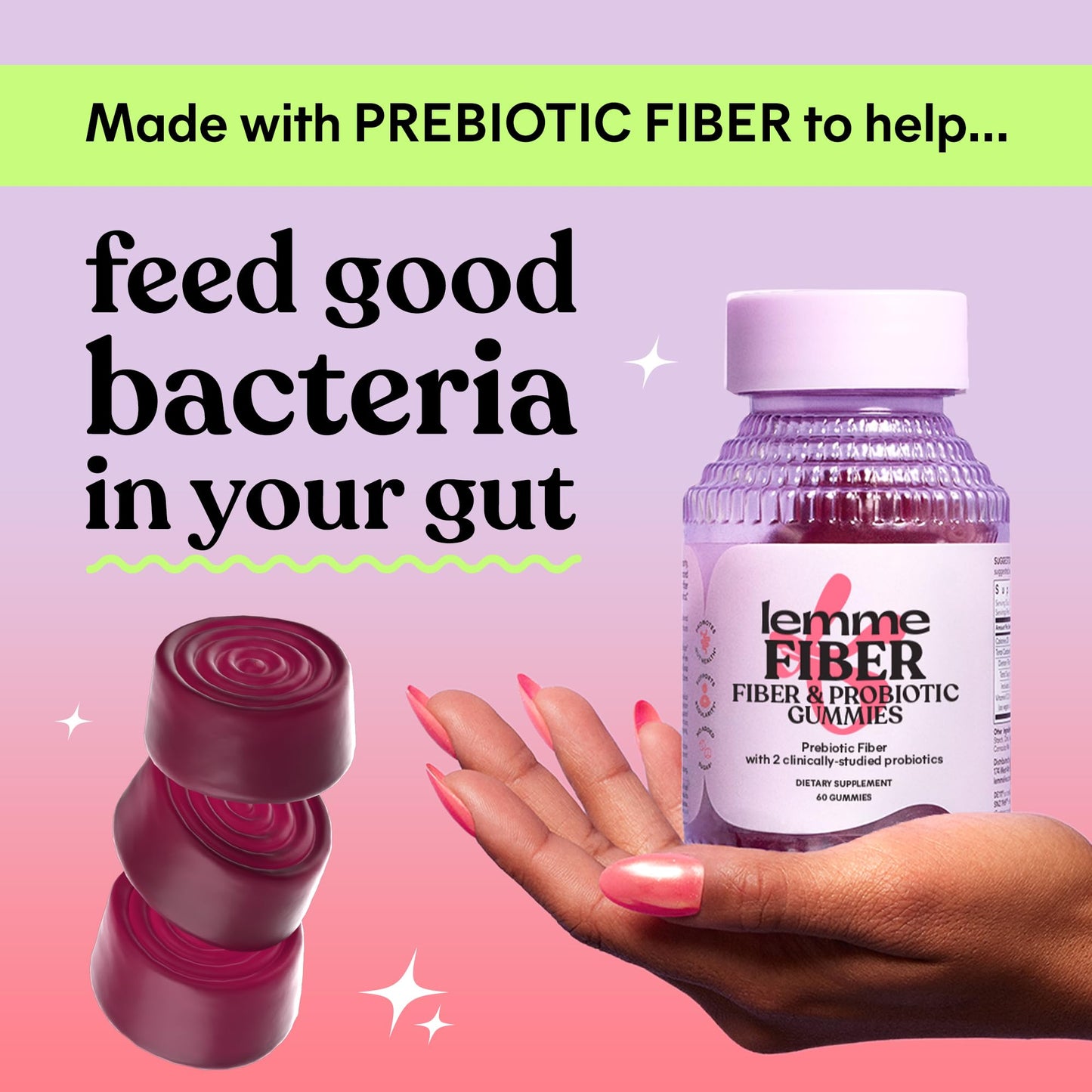 Spore forming probiotic strains and prebiotic fiber gummies bottle side profile specifications