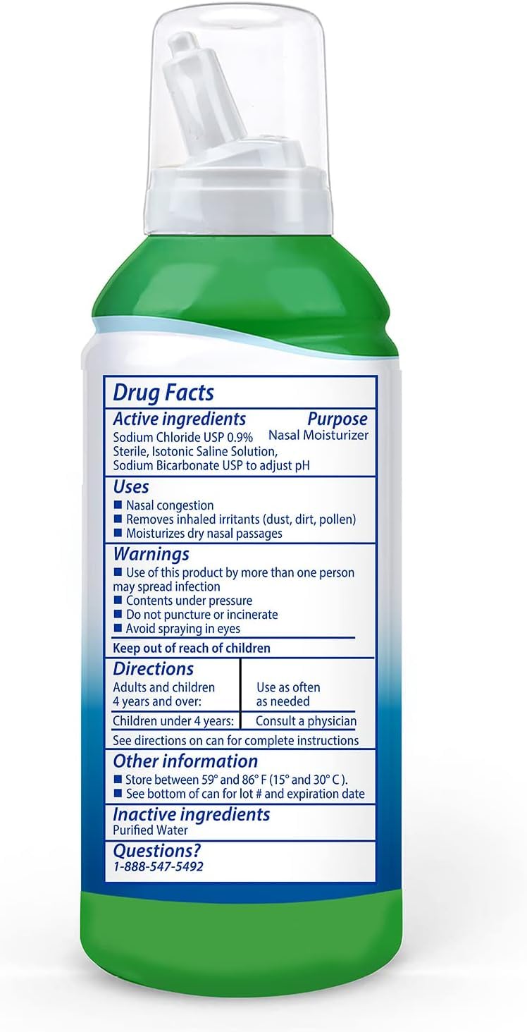 SinuCleanse 4.5 Ounce saline nasal mist packaging showing drug-free allergy relief benefits