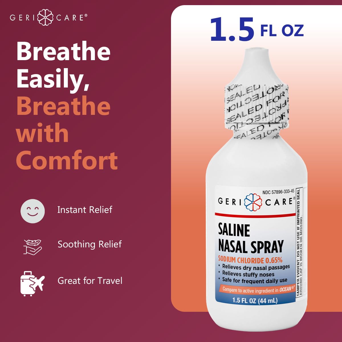 GeriCare 0.65 percent sodium chloride saline solution for dry nasal passages.