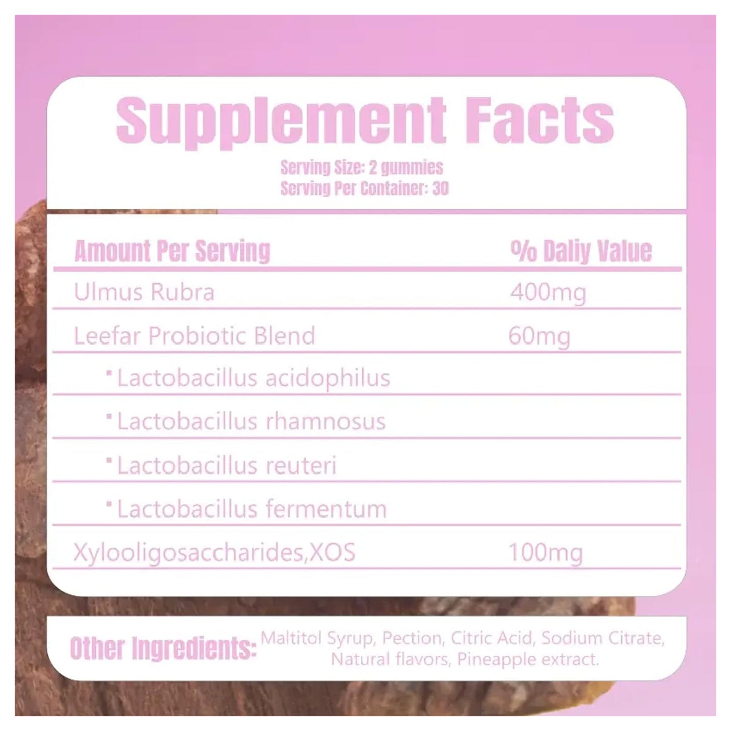 Bakong vaginal pH balance supplement gummies bottle side view listing active ingredients.