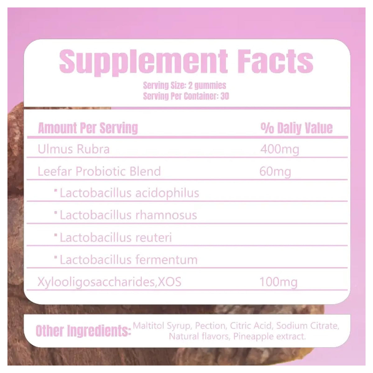 Bakong feminine probiotic gummies supplement facts and ingredient label