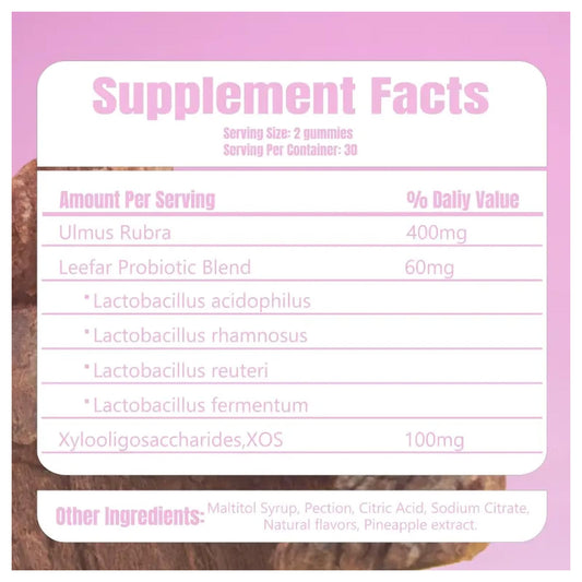 Bakong vaginal pH balance supplement gummies bottle side view listing active ingredients.