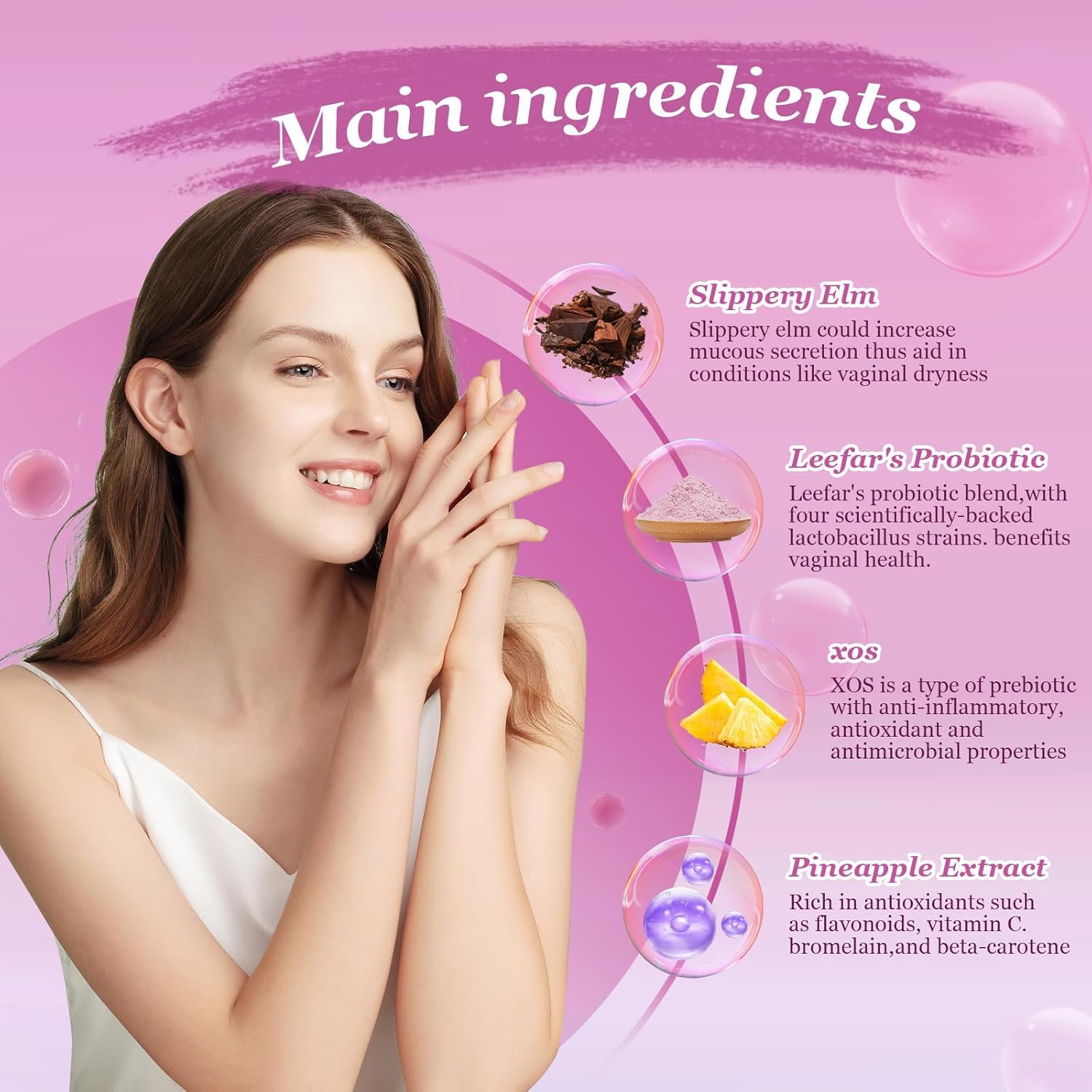 Bakong pineapple flavor feminine hygiene gummies jar displaying supplement facts.