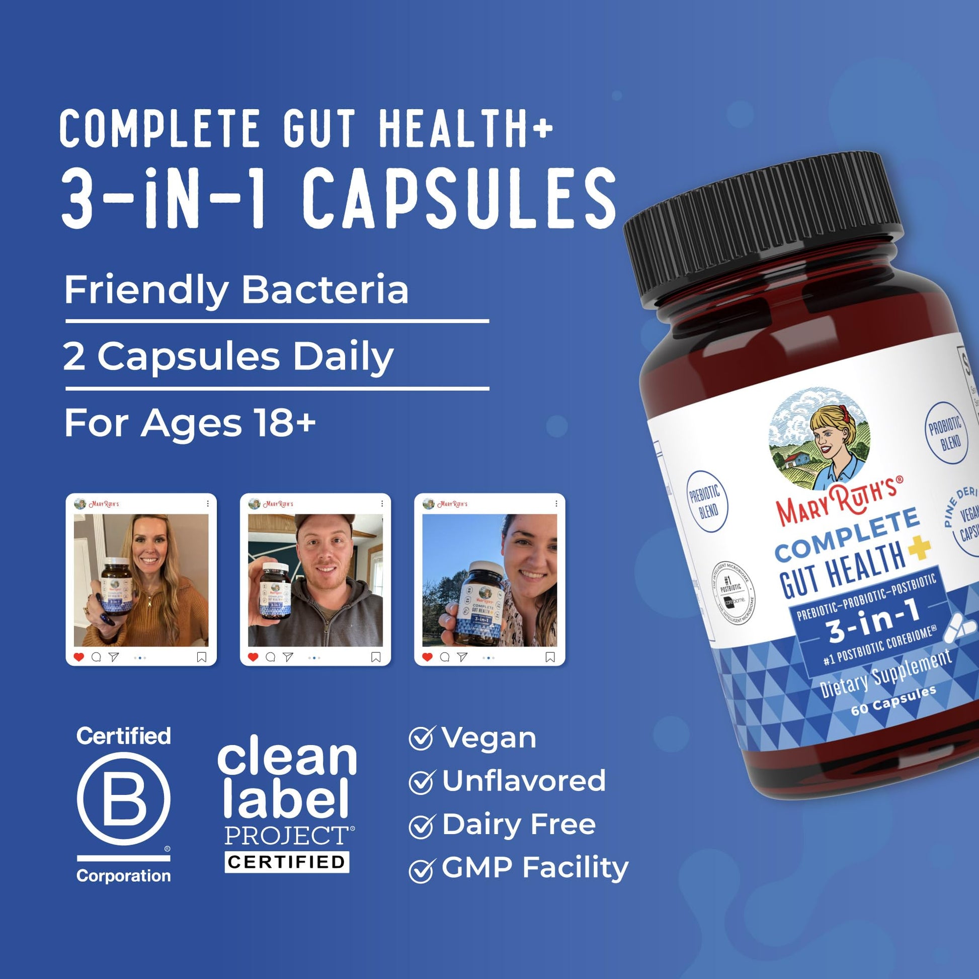 Premium 60 capsule bottle of MaryRuth Organics advanced microbiome support