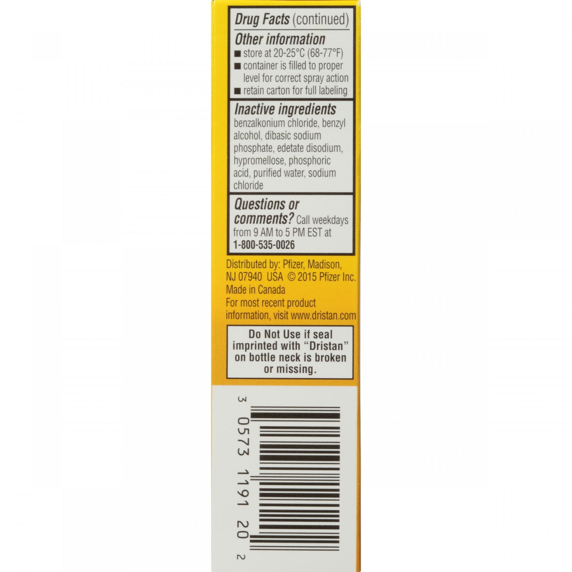 Dristan zero point five ounce nasal decongestant bottle top angle