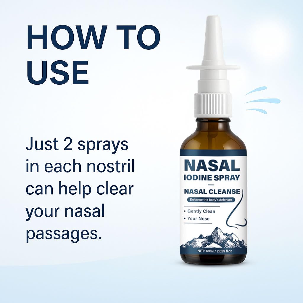 Steroid free natural iodine nasal mist showing packaging details and directions