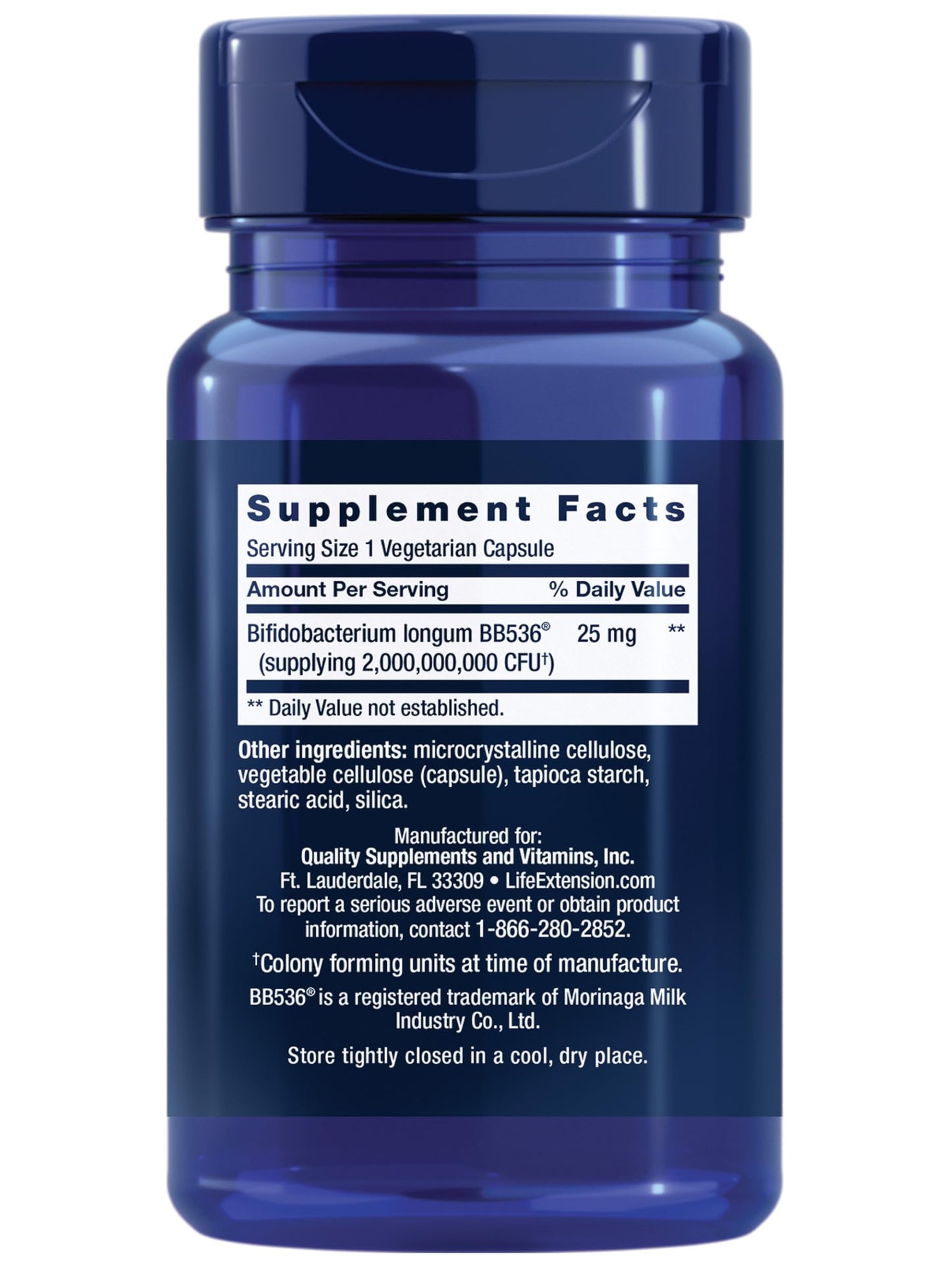 Life Extension Bifido GI Balance probiotic supplement side view detailing the nutritional facts label