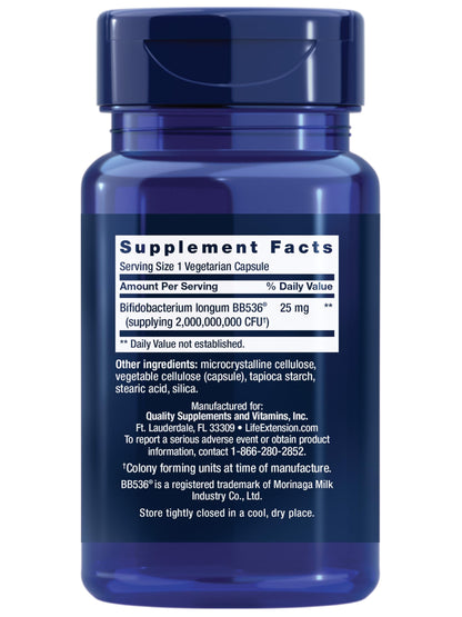 Life Extension Bifido GI Balance probiotic supplement side view detailing the nutritional facts label