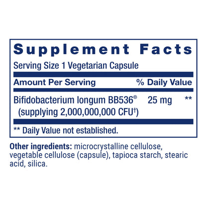 Life Extension Bifidobacterium longum BB536 2 billion CFU capsules close up view