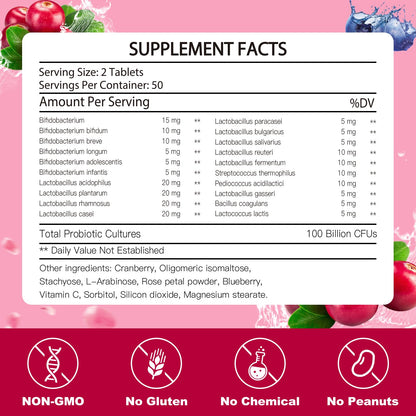 Nature Target womens probiotic supplement 100 tablets packaging showing ingredient details