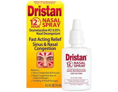 Side profile of USA imported Dristan 12 Hour relief nasal spray for seasonal allergy symptoms