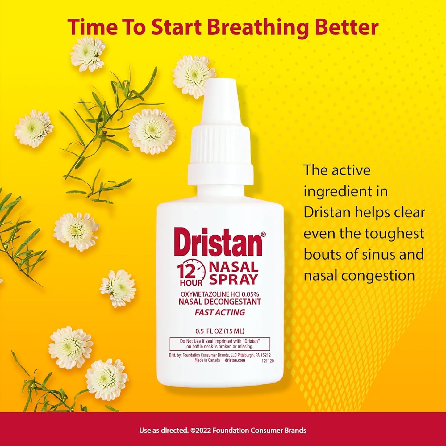 Close up of the compact Dristan 12 hour spray bottle designed for portable upper respiratory relief