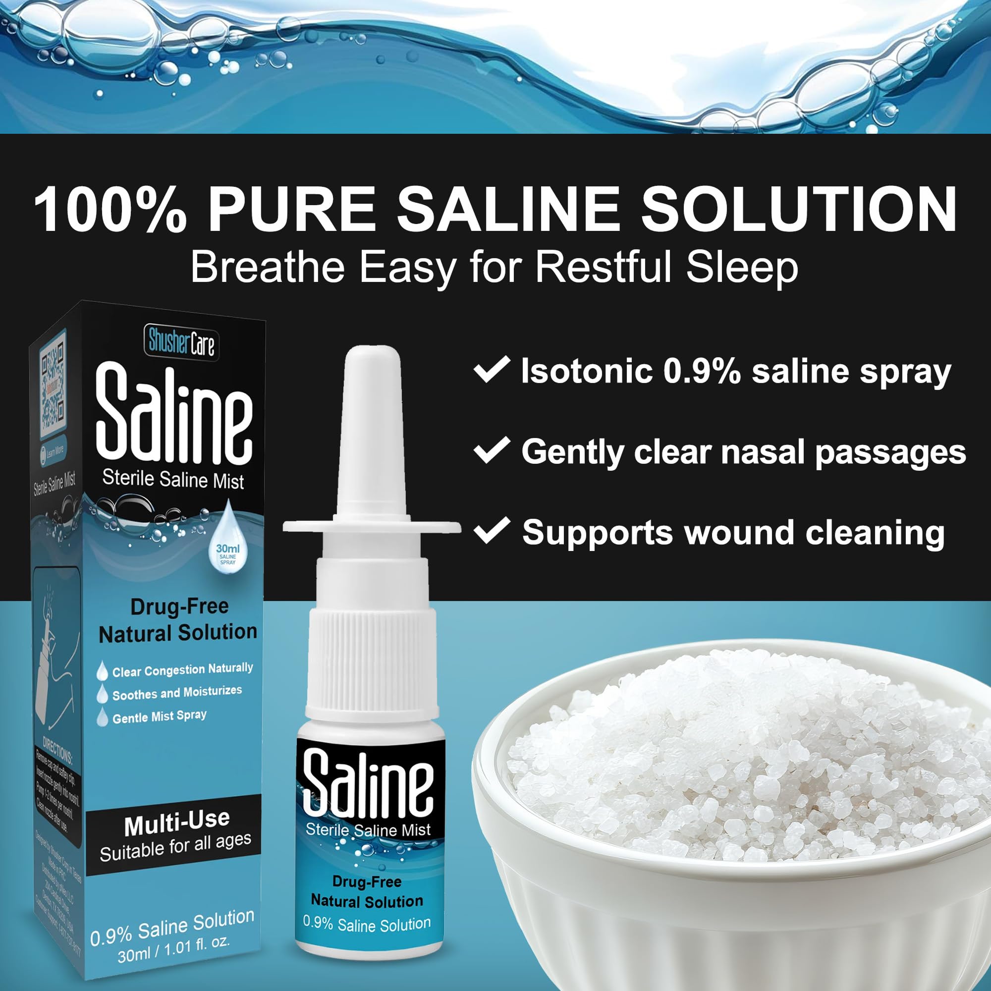 Shusher Care 0.9 percent saline nasal solution bottle for baby congestion relief