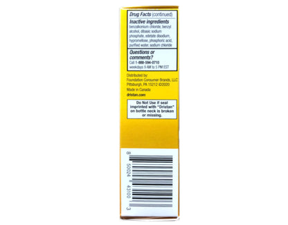 Dristan severe sinus pressure relief spray showing secure cap safety feature and product dimensions