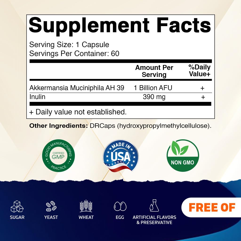 Vitamatic Akkermansia Muciniphila dietary supplement bottle displaying ingredient facts label