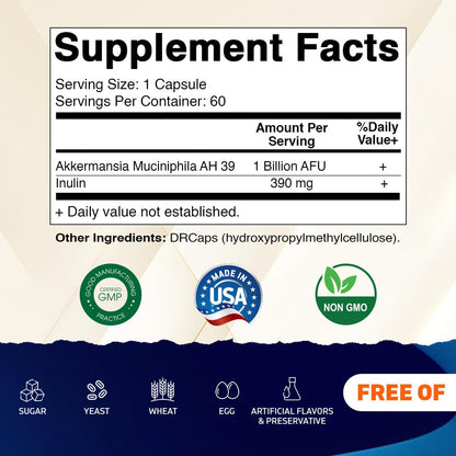 Vitamatic Akkermansia Muciniphila dietary supplement bottle displaying ingredient facts label