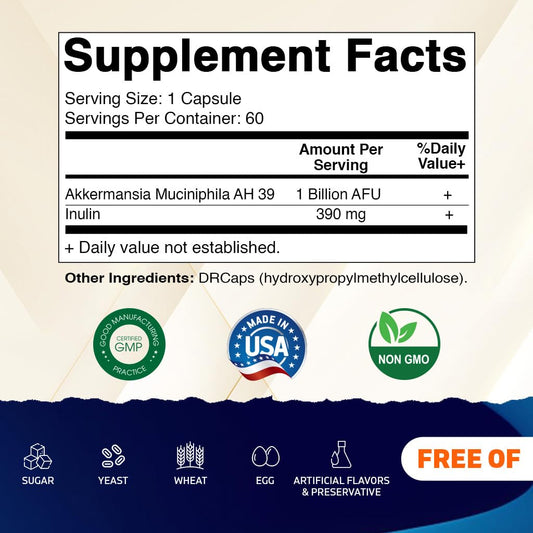 Vitamatic Akkermansia Muciniphila dietary supplement bottle displaying ingredient facts label