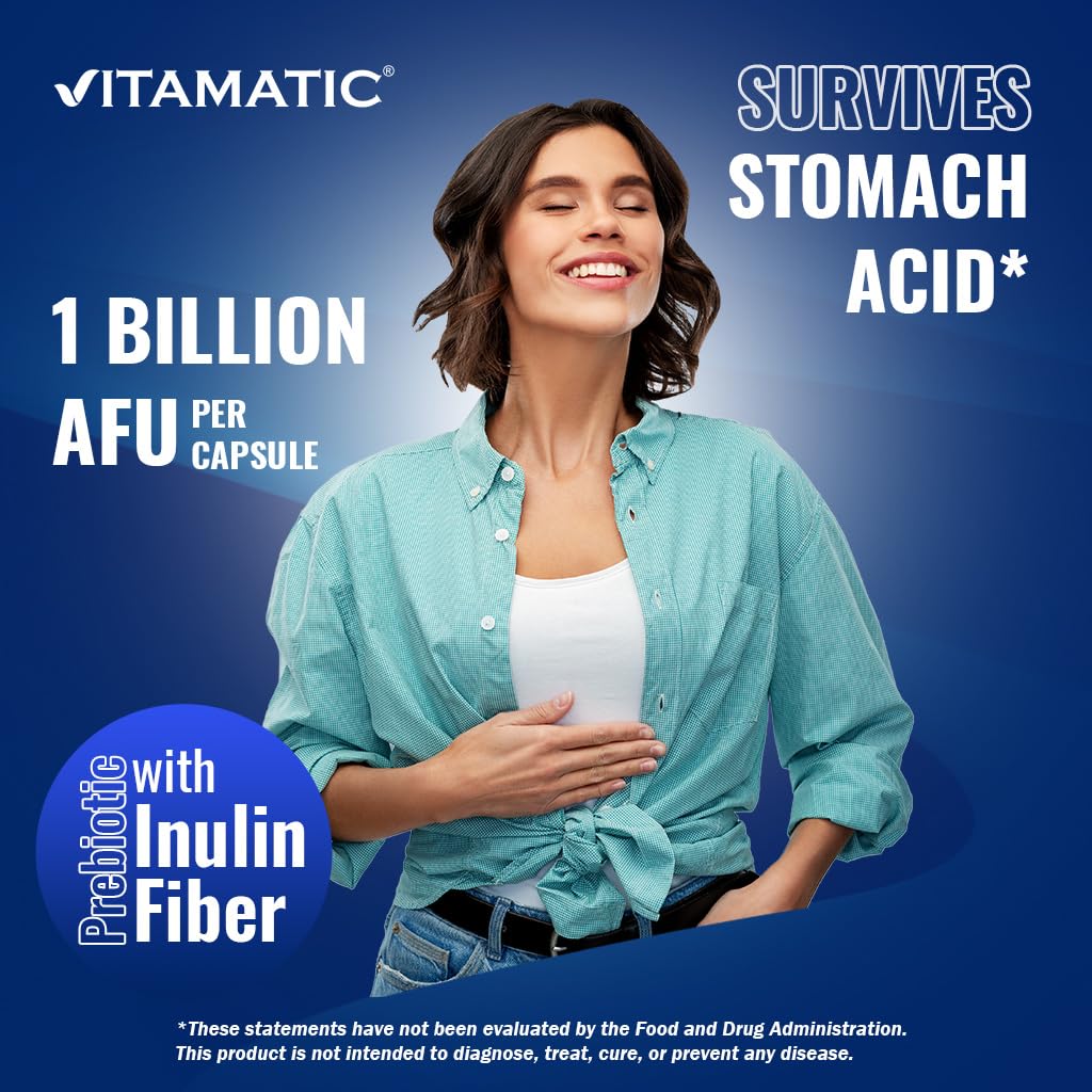 Vitamatic prebiotic inulin and probiotic capsules bottle standing upright on clean surface