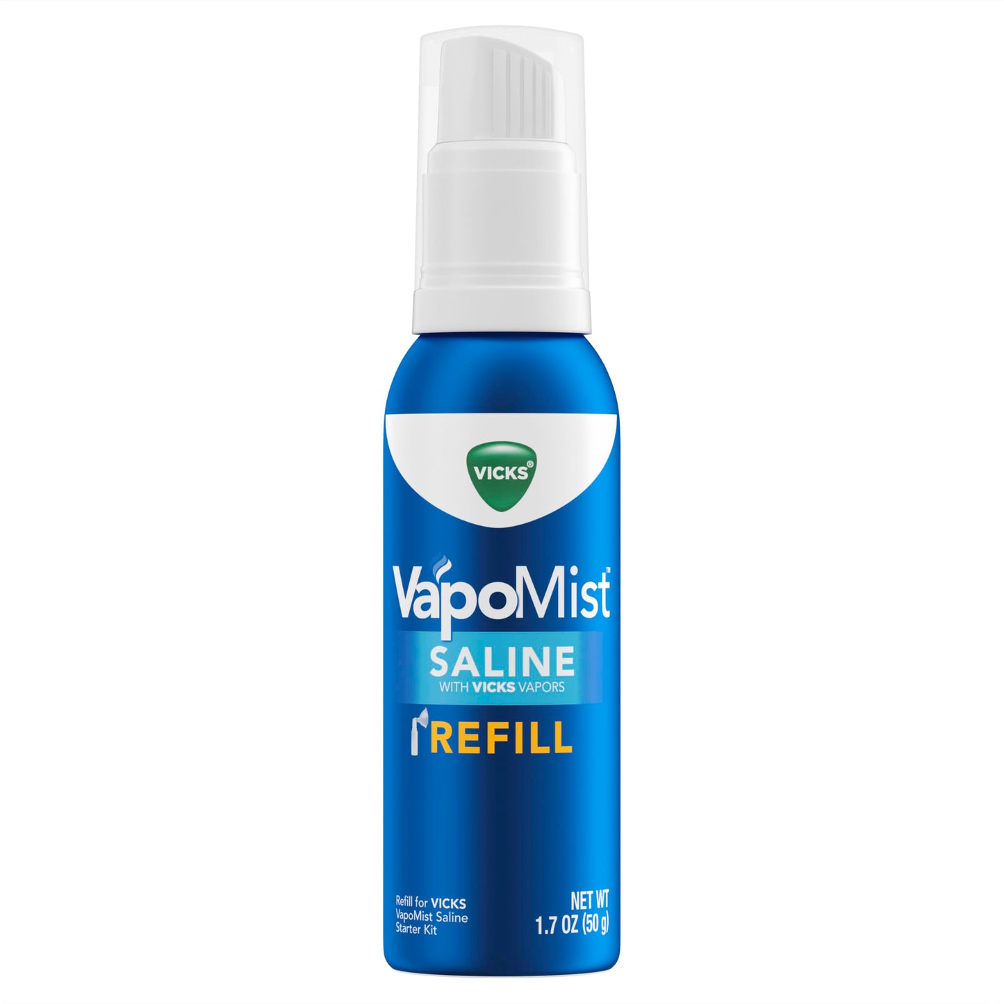 Vicks VapoMist Saline Refill 1.7 Ounce premium packaging box graphics.