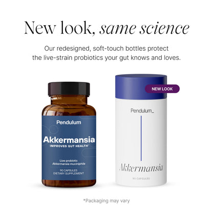 Top view of Pendulum Akkermansia bottle highlighting the premium packaging of this imported USA supplement
