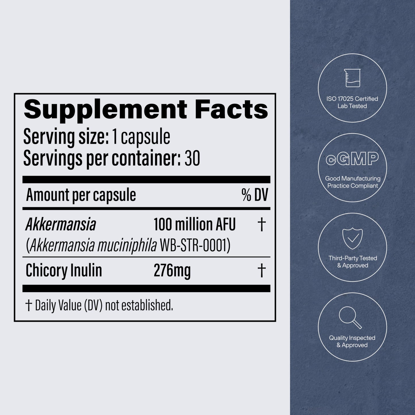 Back label of Pendulum Akkermansia probiotic outlining daily usage instructions and storage warnings