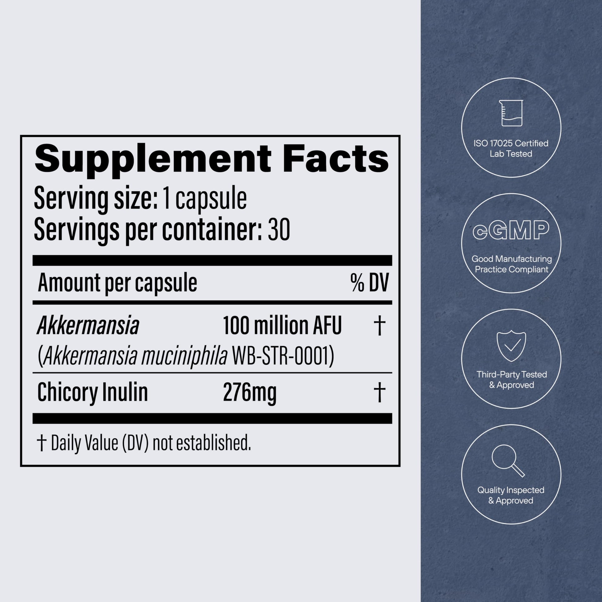 Back label of Pendulum Akkermansia probiotic outlining daily usage instructions and storage warnings