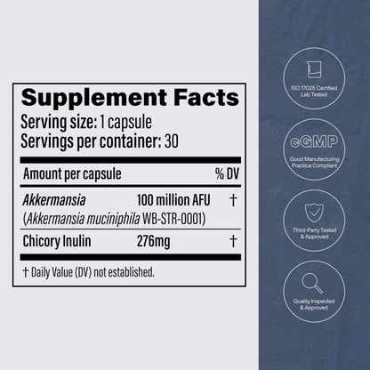 Back label of Pendulum Akkermansia probiotic outlining daily usage instructions and storage warnings