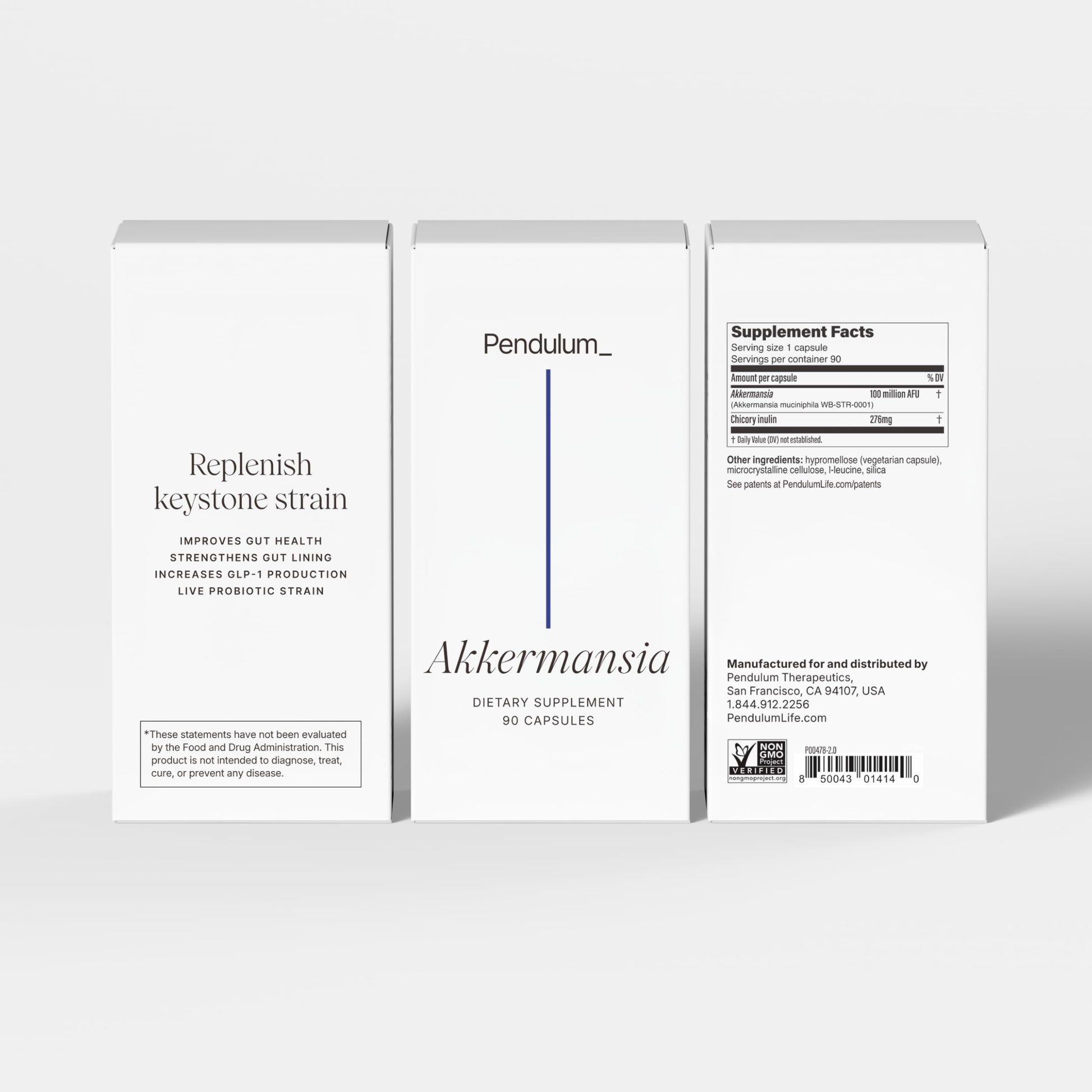 Pendulum Akkermansia live strain capsule bottle showing the authentic seals and metabolic support branding