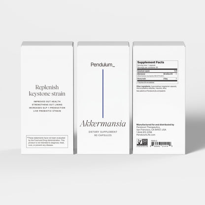 Pendulum Akkermansia live strain capsule bottle showing the authentic seals and metabolic support branding
