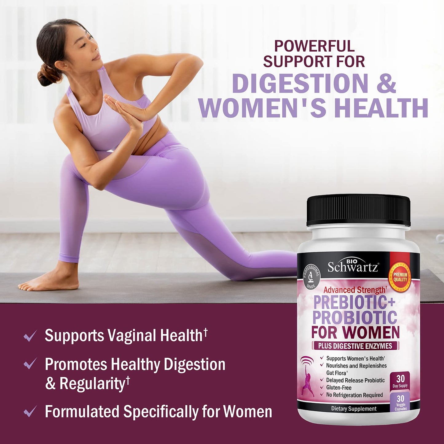 BioSchwartz advanced strength prebiotic and probiotic for women showing clear details of the supplement bottle.