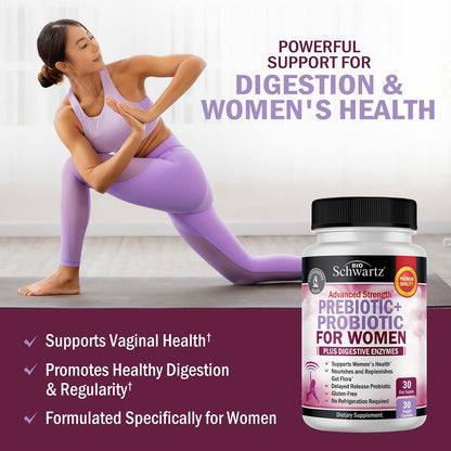 BioSchwartz advanced strength prebiotic and probiotic for women showing clear details of the supplement bottle.