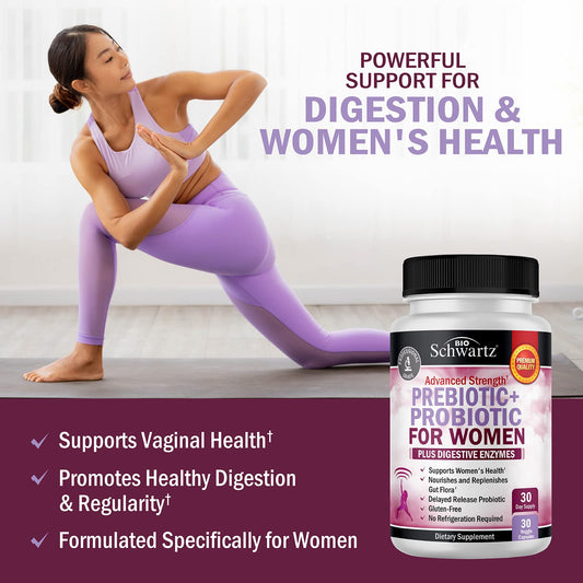 BioSchwartz advanced strength prebiotic and probiotic for women showing clear details of the supplement bottle.