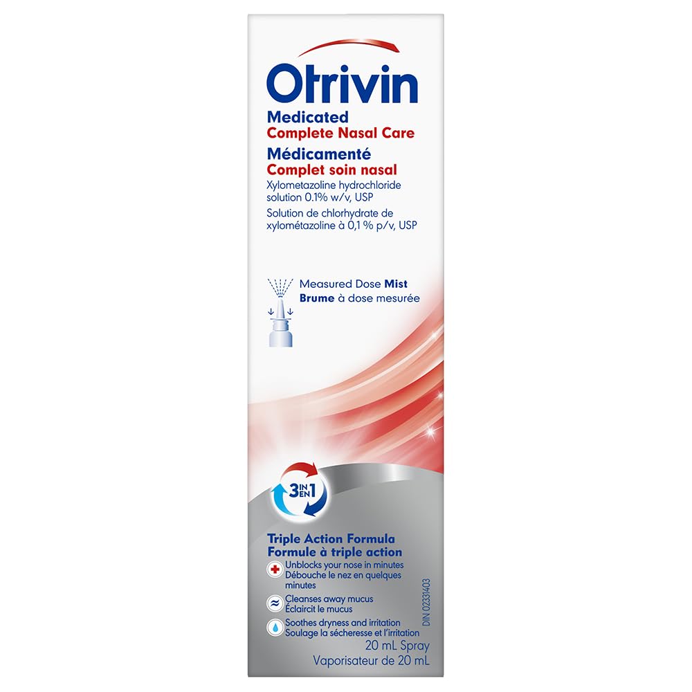 Otrivin measured dose mist nasal pump packaging displaying triple action formula benefits