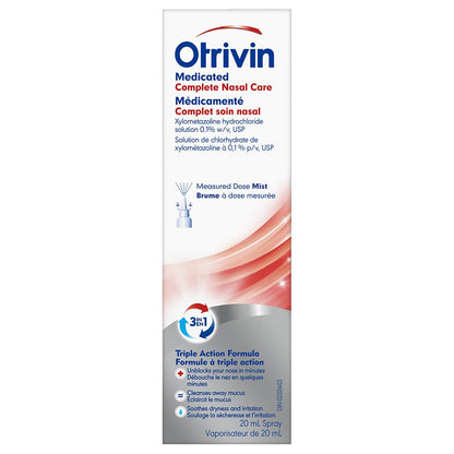 Otrivin measured dose mist nasal pump packaging displaying triple action formula benefits