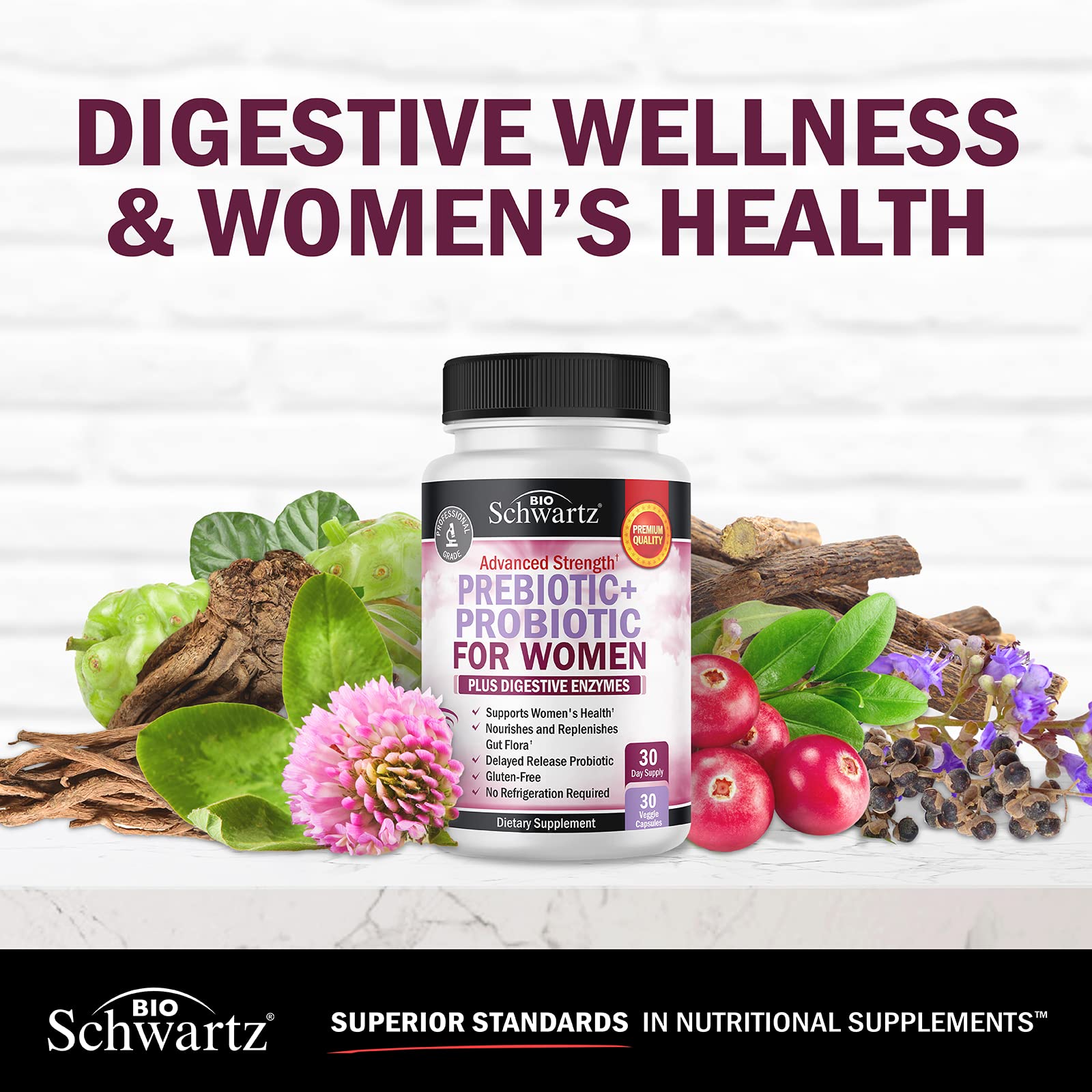 Close up of the shelf stable premium prebiotics and probiotics for women by BioSchwartz.