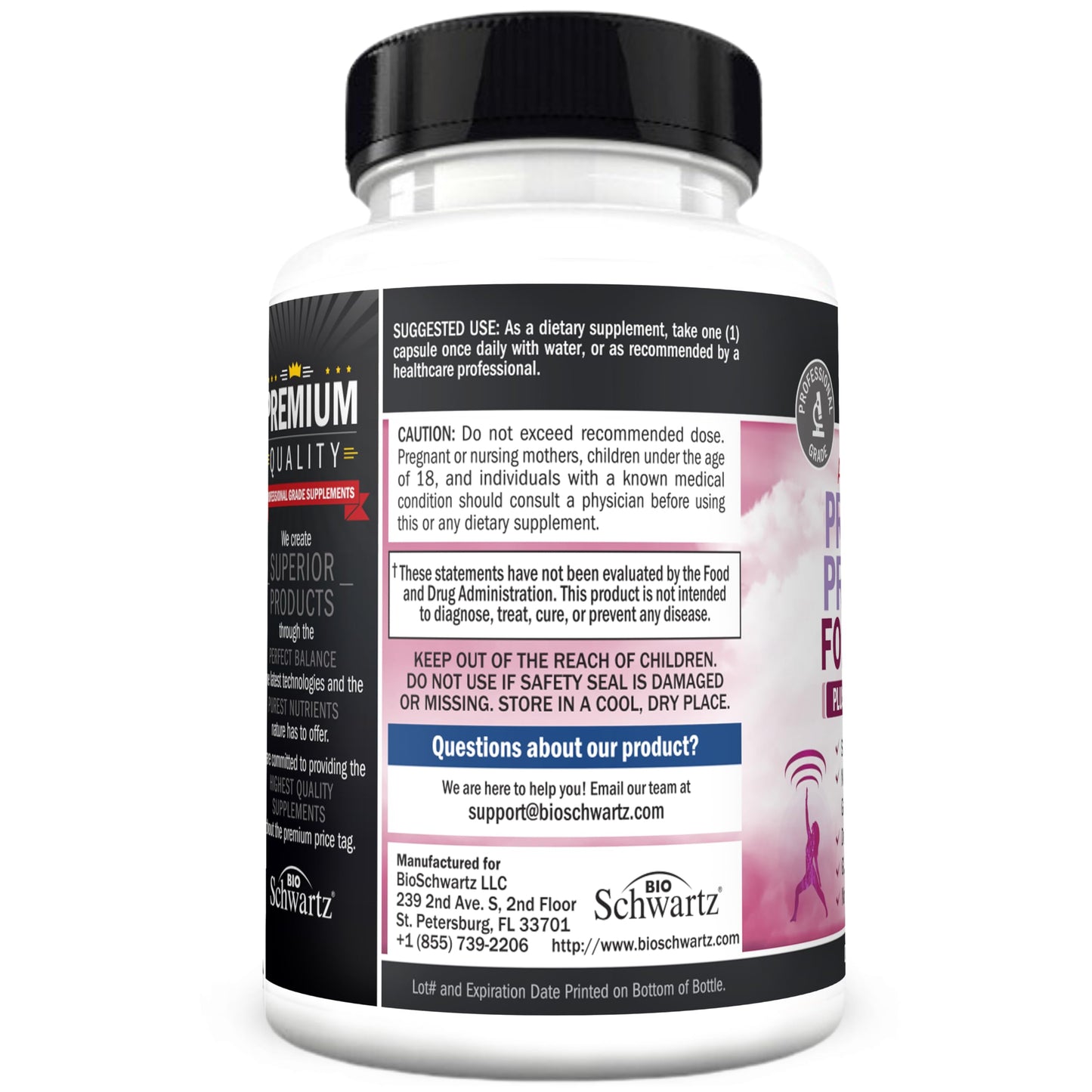 Authentic USA imported BioSchwartz probiotics and prebiotics for women packaging labels.