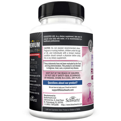 Authentic USA imported BioSchwartz probiotics and prebiotics for women packaging labels.