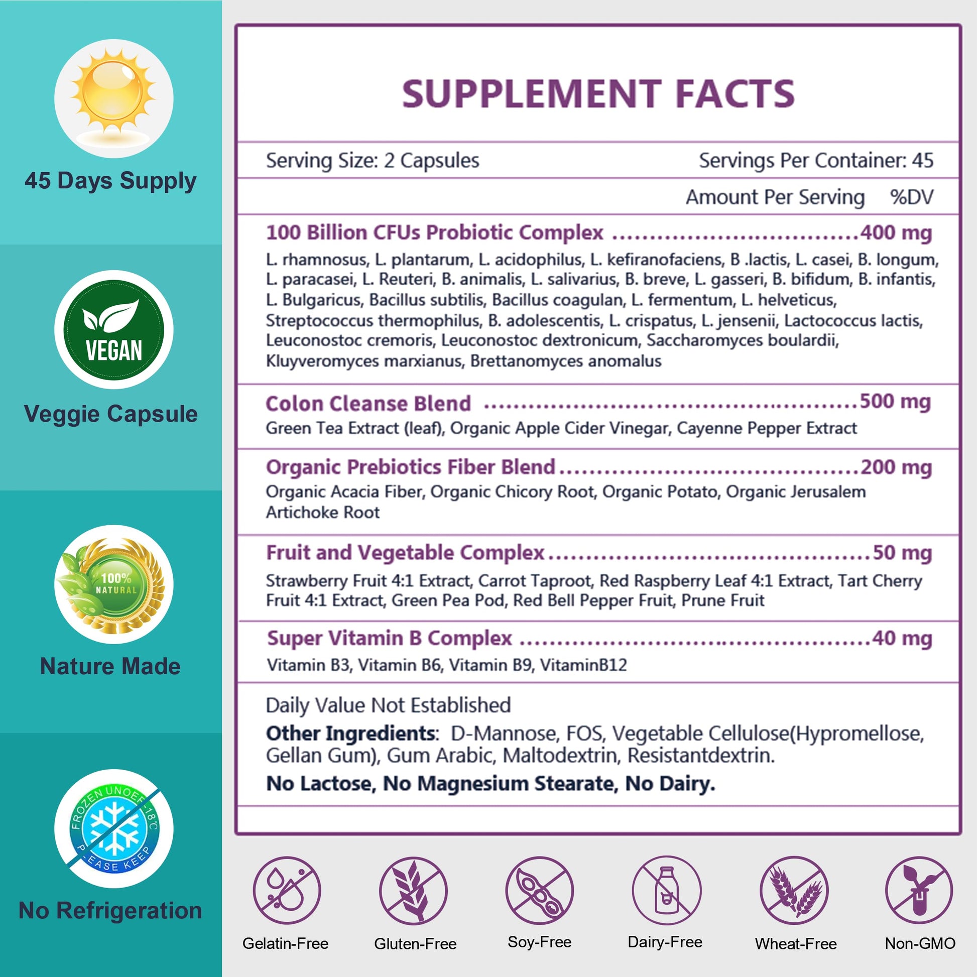 Nature Target 30 strains daily probiotic bottle displaying the GMP-certified and shelf-stable manufacturing seals.