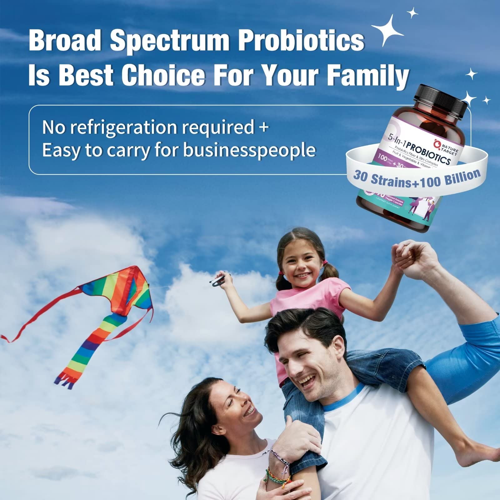 Full packaging of Nature Target 5-in-1 adult probiotic supplement highlighting the colon cleanse and detox benefits.